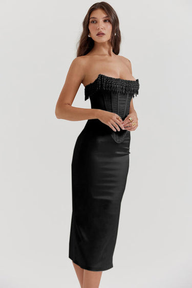 New Women's Elegant Satin Strapless Fishbone White Gown Sexy Slim Fit Pearls Winter ODM Midi Length Natural Waistline