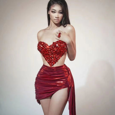 AD2407 Summer Red High Quality Bodycon Two Pieces Luxury Crystal Sequin Dress Unique Sexy Women Clothing